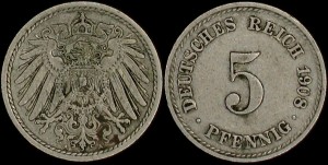 Niemcy-Cesarstwo, 5 Fenigów różne roczniki, KM 11, Stan II-