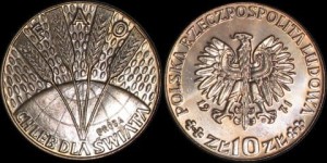 Polska, 10 Złotych 1971, FAO Kłosy na tle globu PRÓBA, Stan I