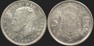 Hiszpania, 5 Pesetas , różne roczniki, KM 823, Stan I