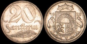 Łotwa, 20 Santimu 1922, KM 5, stan III