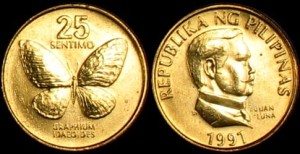 Filipiny, 25 Sentimos 1991, Motyl, KM 241.2, Stan I