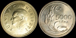 Turcja, 5000 Lira 1994, KM 1025, Stan I