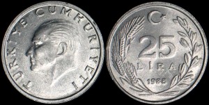 Turcja, 25 Lira różne roczniki, KM 975, Stan I