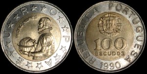 Portugalia, 100 Escudos, bimetal, KM 645.2