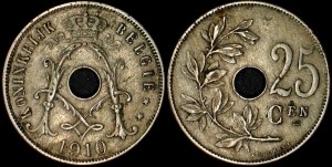 Belgia, 25 Centimes różne roczniki, KM 69, Stan III