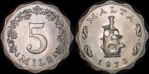 Malta, 5 Mils 1972, KM 7, stan I