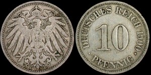 Niemcy-Cesarstwo, 10 Fenigów różne roczniki, KM 12, Stan III
