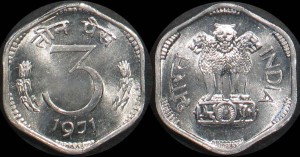 Indie, 3 Paise 1971, KM 14.2, Stan I