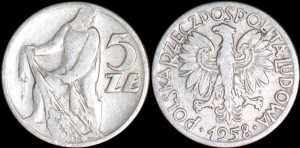 Polska, 5 Złotych 1958, Rybak, Stan III