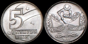 Brazylia, 5 Centavos 1989, Rybak, KM 612