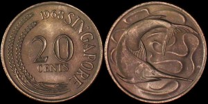 SINGAPUR, 20 Cents, RYBA, KM 4