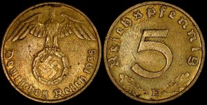 Niemcy, 5 Fenigów różne roczniki, ze swastyką KM 91, Stan III