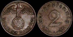 Niemcy, 2 Fenigi ze swastyką, KM 90, Stan III