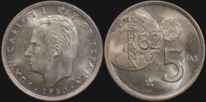 Hiszpania, 5 Pesetas MUNDIAL, różne roczniki, KM 817, Stan I
