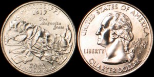 USA, 25 Cents 2002 D, KM 335, Mississippi, stan I