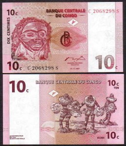 KONGO – REPUBLIKA DEMOKRATYCZNA, 10 CENTIMES 1997, Pick 82a